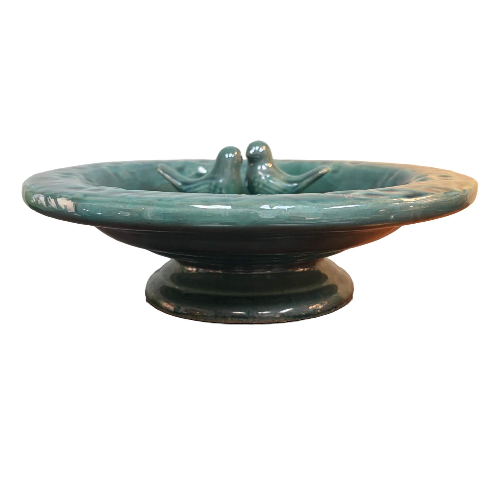 Vintage Teal Green Tabletop Bird Bath with Two Birds Vintage Teal Green Tabletop Bird Bath with Two Birds