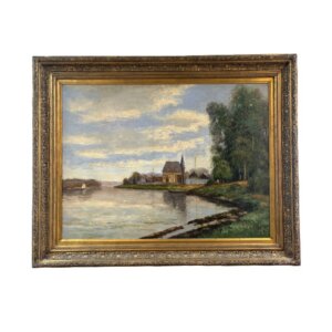 Large Original Oil on Canvas Painting of Small Village on Water's Edge