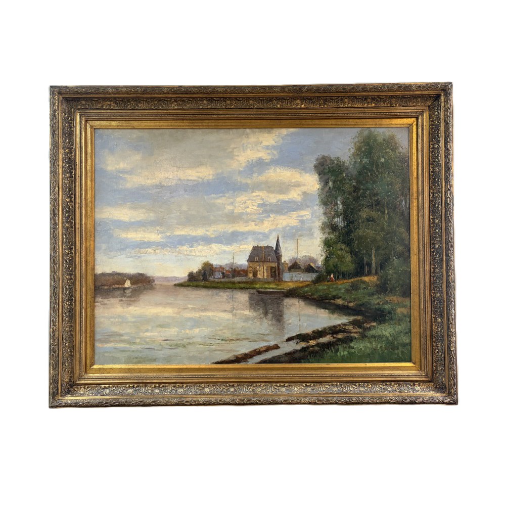 Large Original Oil on Canvas Painting of Small Village on Water's Edge Large Original Oil on Canvas Painting of Small Village on Water's Edge