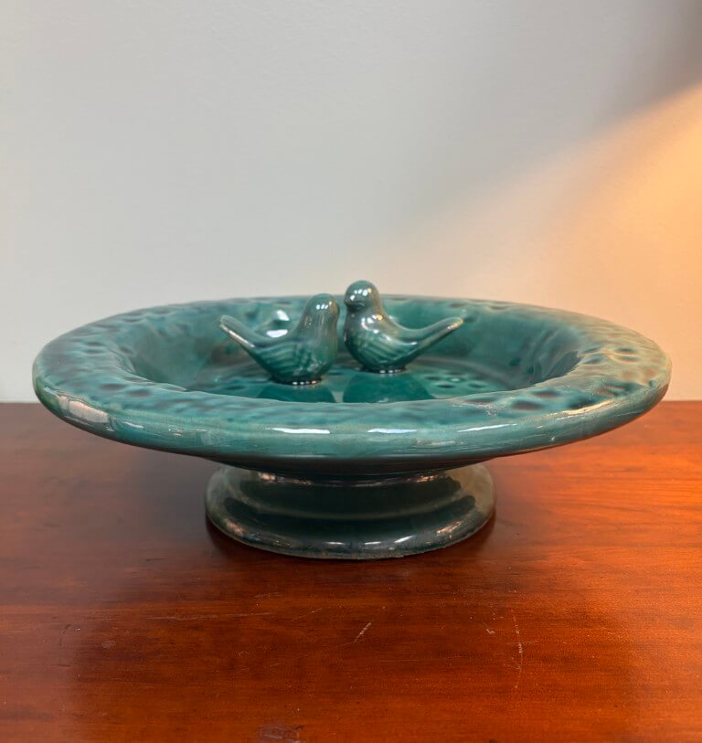 Vintage Teal Green Tabletop Bird Bath with Two Birds Vintage Teal Green Tabletop Bird Bath with Two Birds
