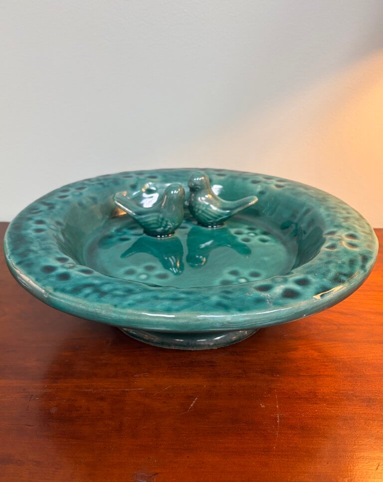 Vintage Teal Green Tabletop Bird Bath with Two Birds Vintage Teal Green Tabletop Bird Bath with Two Birds