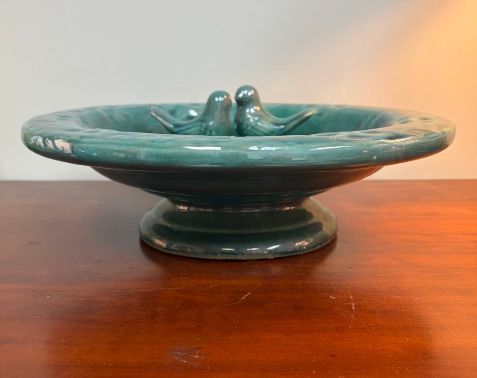 Vintage Teal Green Tabletop Bird Bath with Two Birds Vintage Teal Green Tabletop Bird Bath with Two Birds