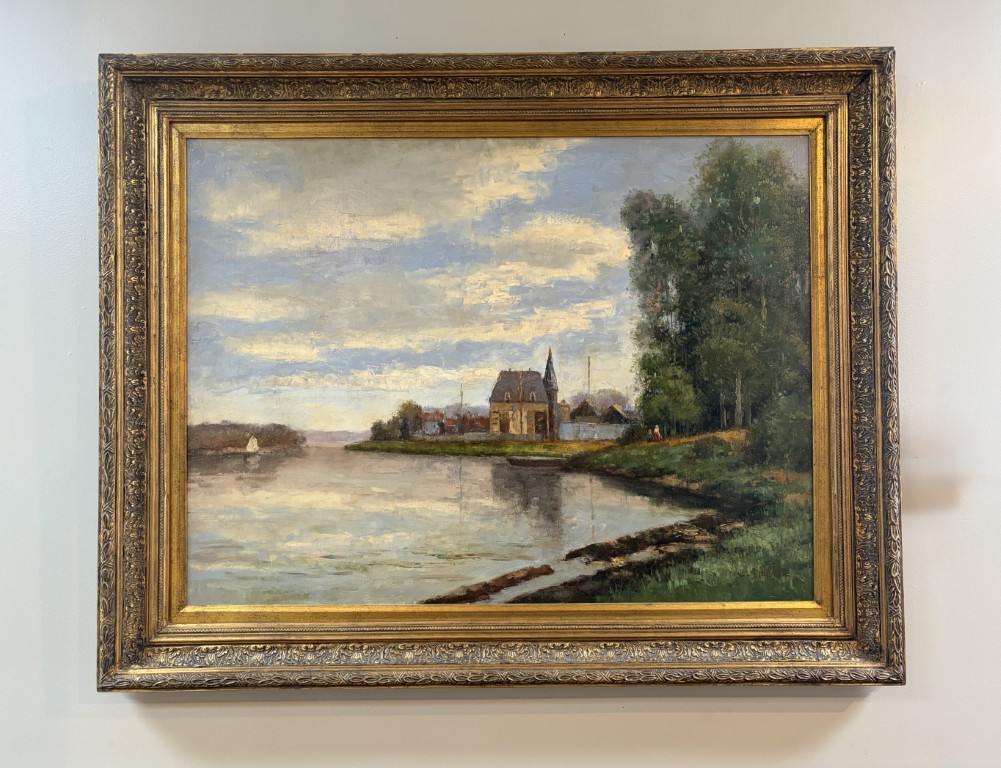 Large Original Oil on Canvas Painting of Small Village on Water's Edge Large Original Oil on Canvas Painting of Small Village on Water's Edge