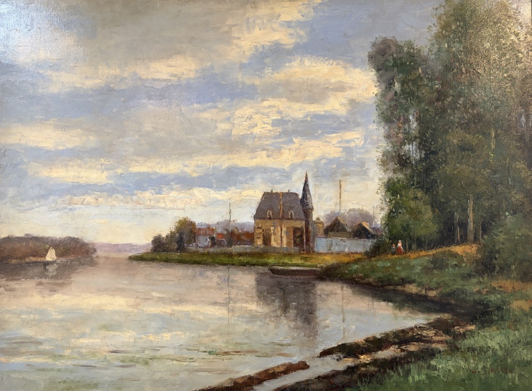 Large Original Oil on Canvas Painting of Small Village on Water's Edge Large Original Oil on Canvas Painting of Small Village on Water's Edge