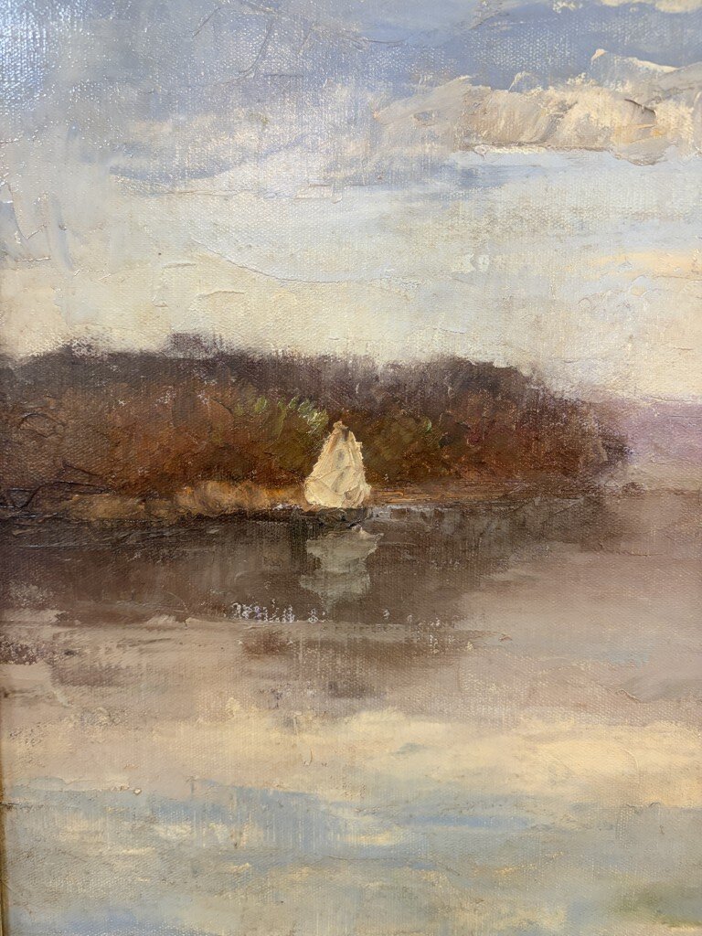 Large Original Oil on Canvas Painting of Small Village on Water's Edge Large Original Oil on Canvas Painting of Small Village on Water's Edge