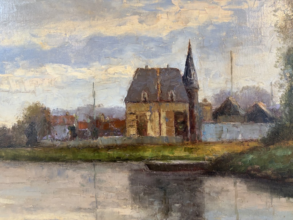 Large Original Oil on Canvas Painting of Small Village on Water's Edge Large Original Oil on Canvas Painting of Small Village on Water's Edge