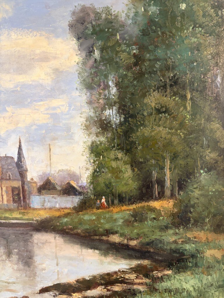 Large Original Oil on Canvas Painting of Small Village on Water's Edge Large Original Oil on Canvas Painting of Small Village on Water's Edge