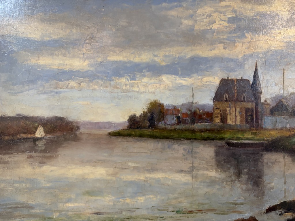 Large Original Oil on Canvas Painting of Small Village on Water's Edge Large Original Oil on Canvas Painting of Small Village on Water's Edge