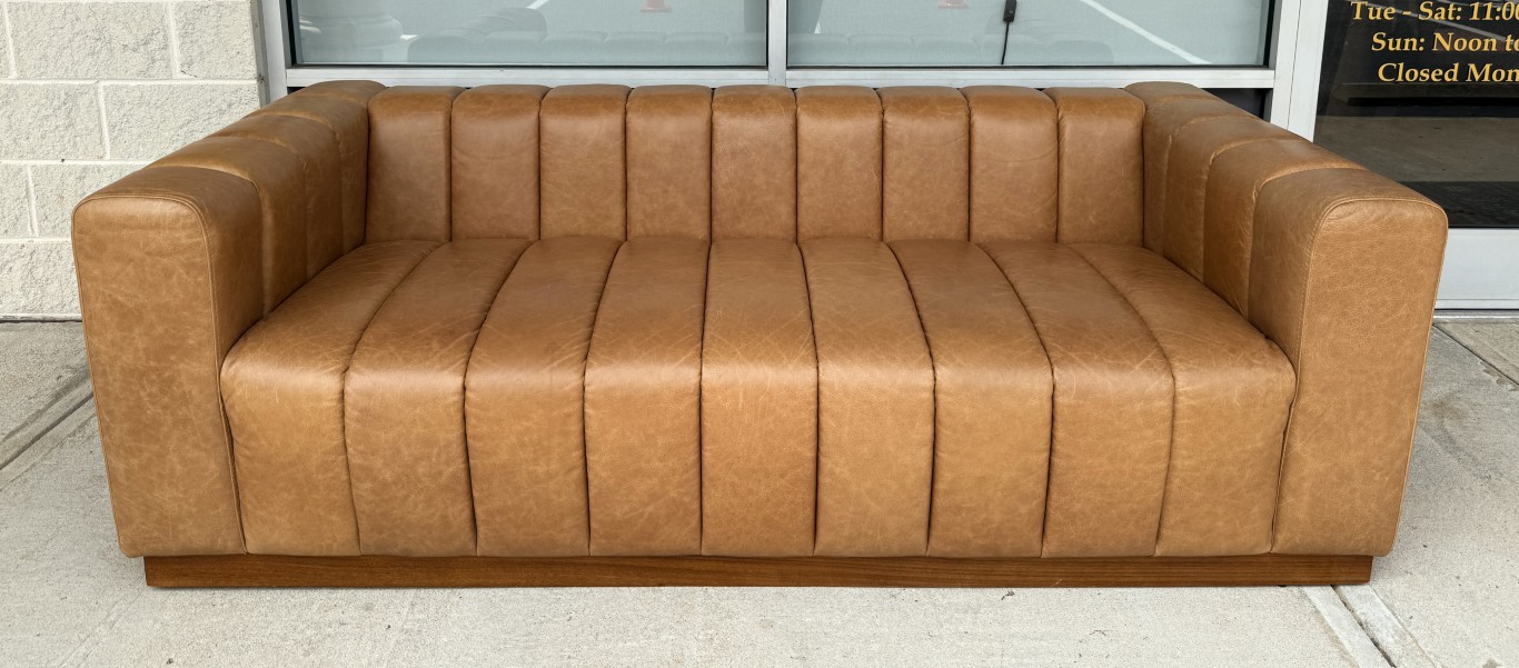 CB2 Forte 81-Inch Channeled Saddle Leather Sofa with Walnut Base CB2 Forte 81-Inch Channeled Saddle Leather Sofa with Walnut Base