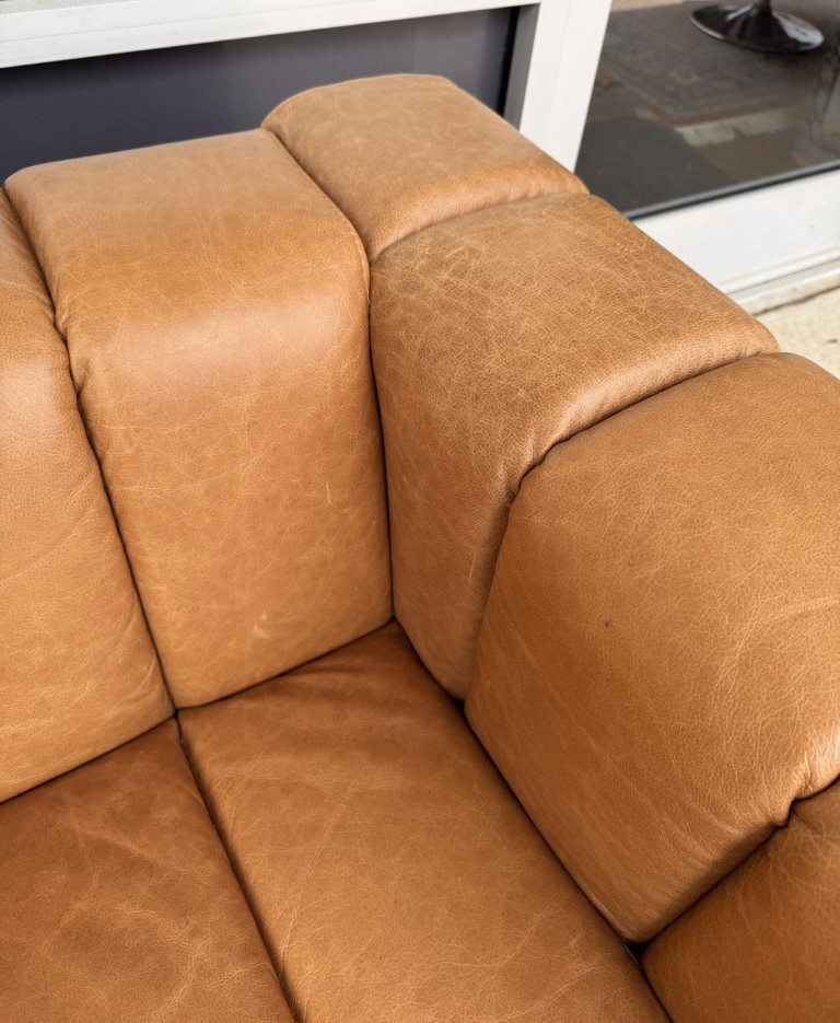 CB2 Forte 81-Inch Channeled Saddle Leather Sofa with Walnut Base CB2 Forte 81-Inch Channeled Saddle Leather Sofa with Walnut Base
