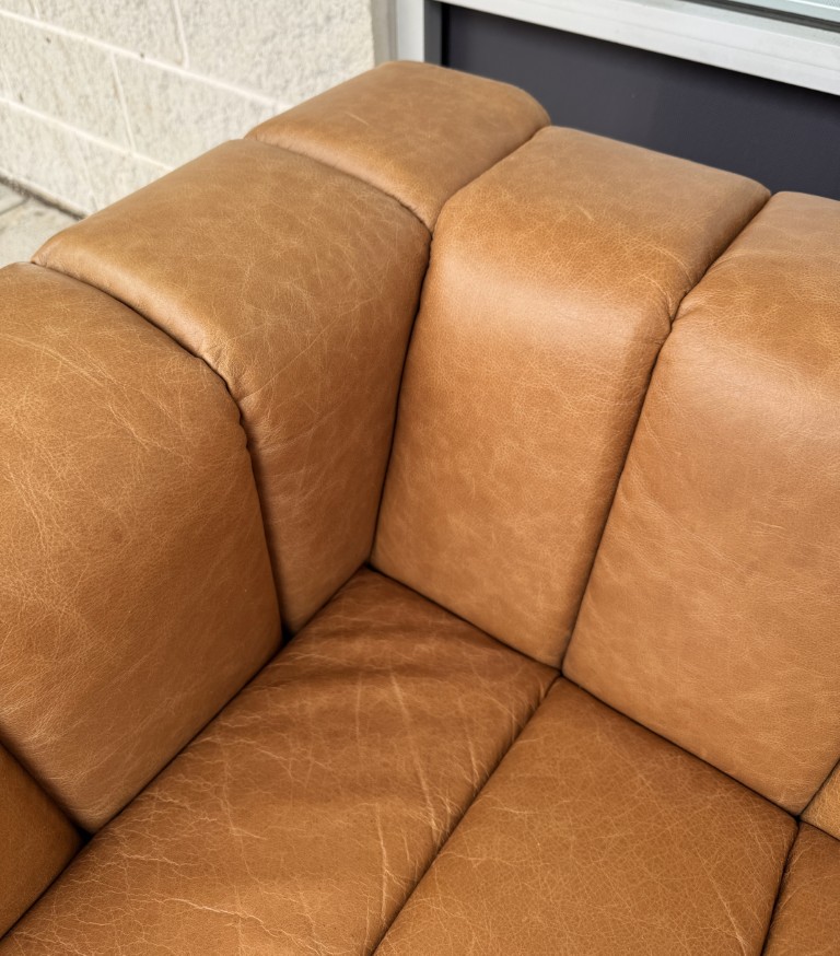 CB2 Forte 81-Inch Channeled Saddle Leather Sofa with Walnut Base CB2 Forte 81-Inch Channeled Saddle Leather Sofa with Walnut Base