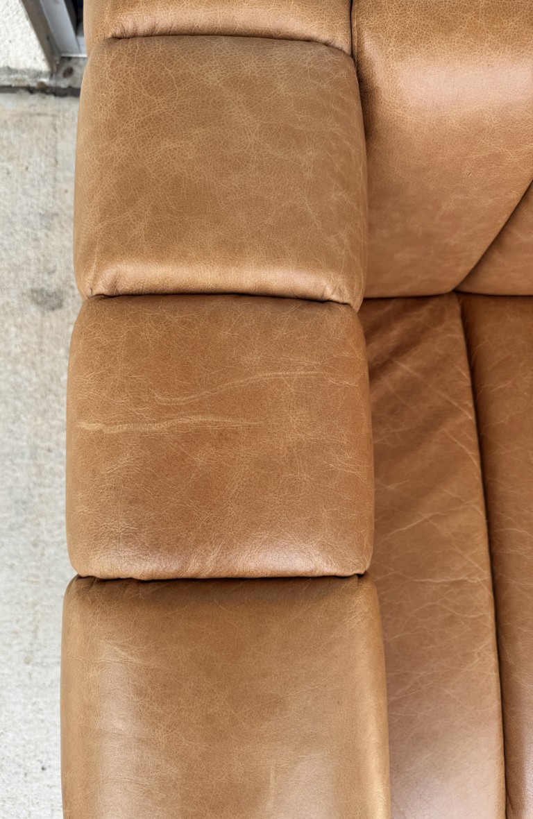 CB2 Forte 81-Inch Channeled Saddle Leather Sofa with Walnut Base CB2 Forte 81-Inch Channeled Saddle Leather Sofa with Walnut Base