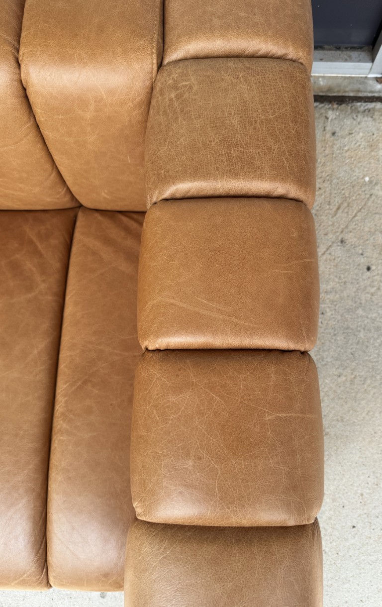 CB2 Forte 81-Inch Channeled Saddle Leather Sofa with Walnut Base CB2 Forte 81-Inch Channeled Saddle Leather Sofa with Walnut Base