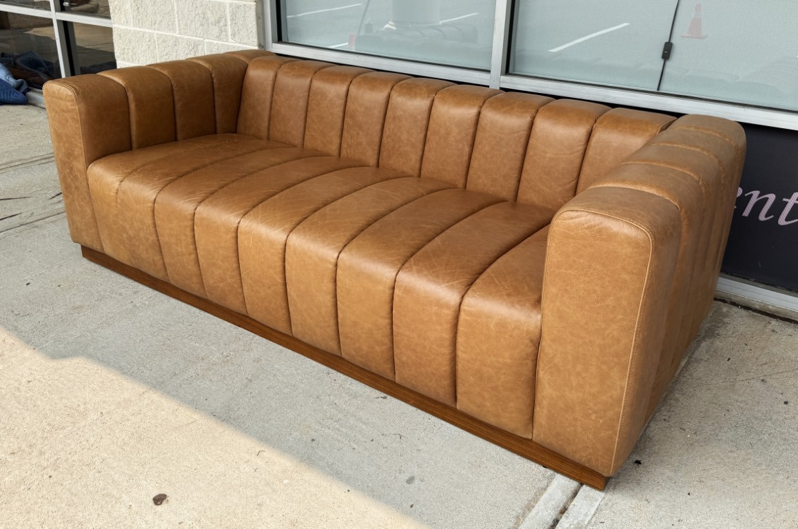CB2 Forte 81-Inch Channeled Saddle Leather Sofa with Walnut Base CB2 Forte 81-Inch Channeled Saddle Leather Sofa with Walnut Base