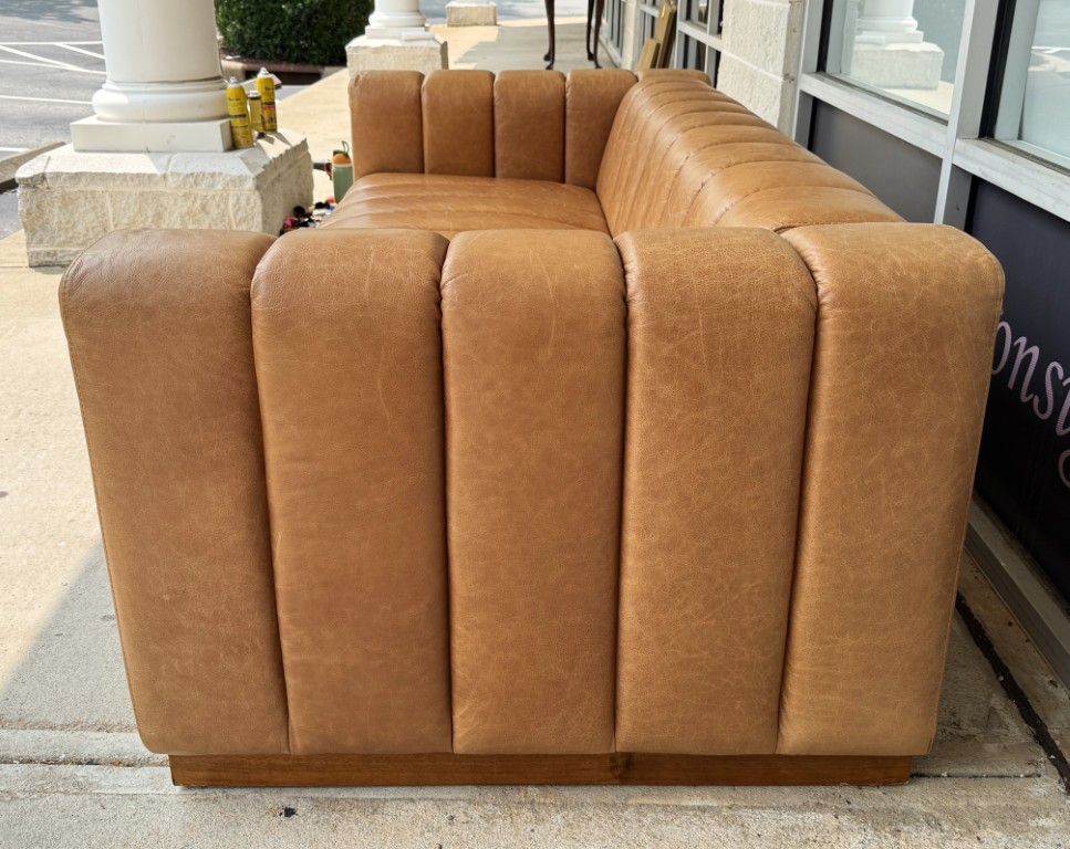 CB2 Forte 81-Inch Channeled Saddle Leather Sofa with Walnut Base CB2 Forte 81-Inch Channeled Saddle Leather Sofa with Walnut Base
