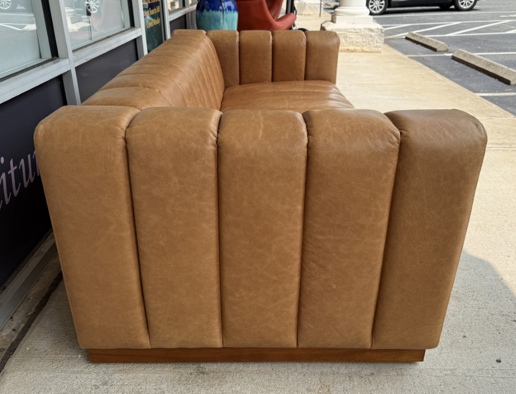 CB2 Forte 81-Inch Channeled Saddle Leather Sofa with Walnut Base CB2 Forte 81-Inch Channeled Saddle Leather Sofa with Walnut Base
