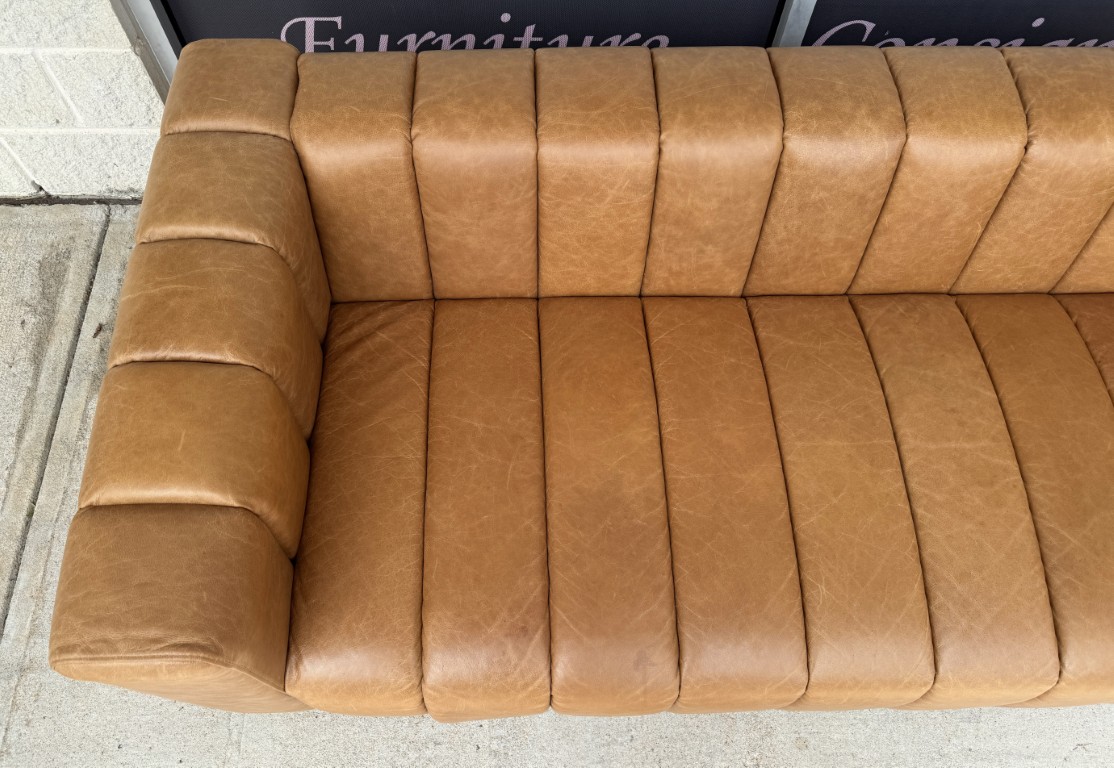 CB2 Forte 81-Inch Channeled Saddle Leather Sofa with Walnut Base CB2 Forte 81-Inch Channeled Saddle Leather Sofa with Walnut Base