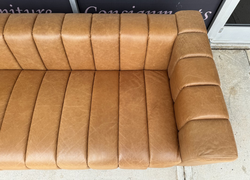 CB2 Forte 81-Inch Channeled Saddle Leather Sofa with Walnut Base CB2 Forte 81-Inch Channeled Saddle Leather Sofa with Walnut Base
