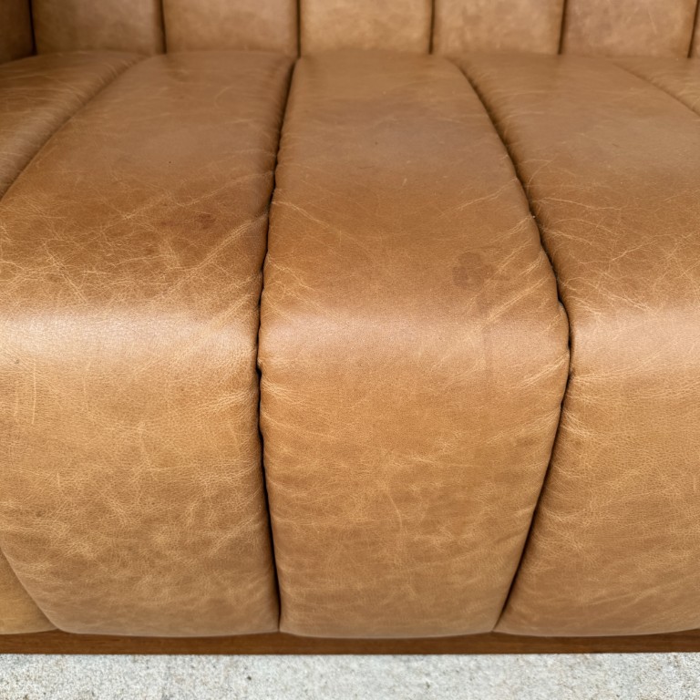 CB2 Forte 81-Inch Channeled Saddle Leather Sofa with Walnut Base CB2 Forte 81-Inch Channeled Saddle Leather Sofa with Walnut Base