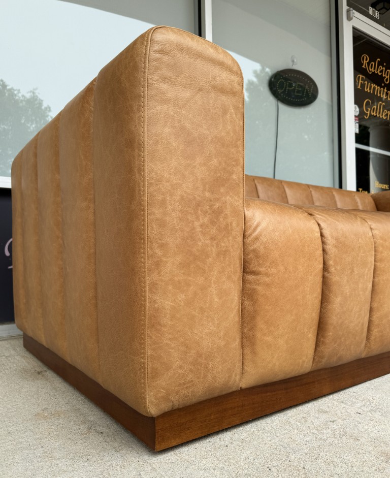 CB2 Forte 81-Inch Channeled Saddle Leather Sofa with Walnut Base CB2 Forte 81-Inch Channeled Saddle Leather Sofa with Walnut Base