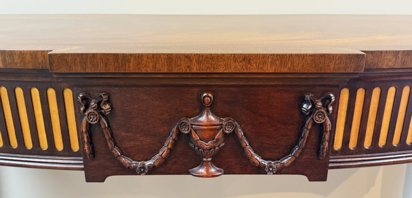 Henkel Harris Flamed Mahogany Adams Style Console Table Model No. 5758 Henkel Harris Flamed Mahogany Adams Style Console Table Model No. 5758