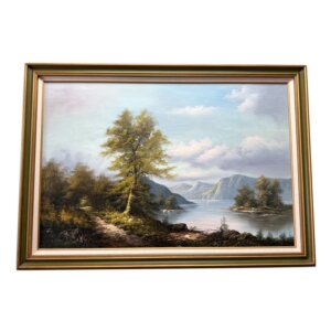 Vintage Original Mountain Lake Landscape Oil on Canvas with Green & Gold Frame