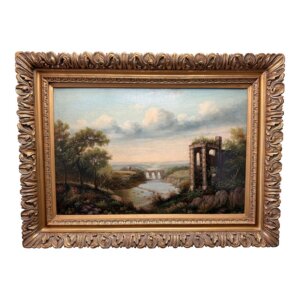 Original Classical Landscape Oil Painting with River and Architectural Ruins