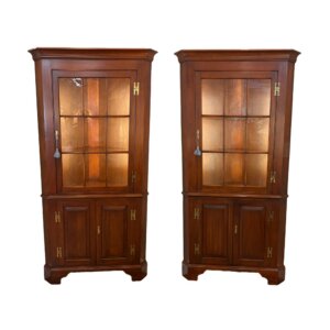 Pair of Matching Henkel Harris Wild Black Cherry Lighted Corner Cabinets with Antiqued Glass #1116HL