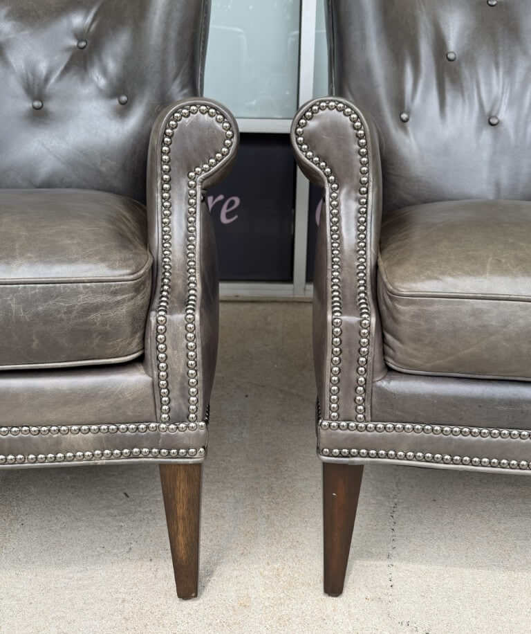 Pair of Hooker Furniture Faux-Leather Gray-Green Maya Chairs Pair of Hooker Furniture Faux-Leather Gray-Green Maya Chairs