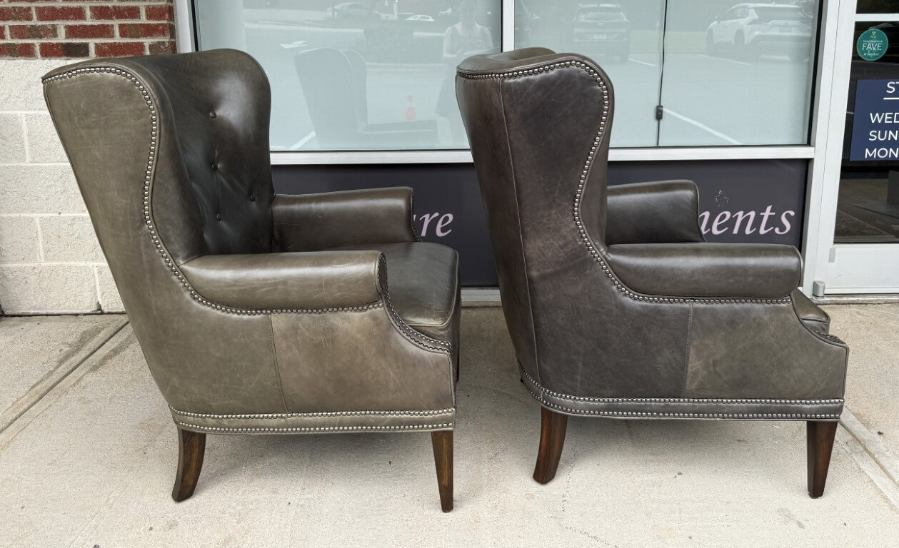 Pair of Hooker Furniture Faux-Leather Gray-Green Maya Chairs Pair of Hooker Furniture Faux-Leather Gray-Green Maya Chairs