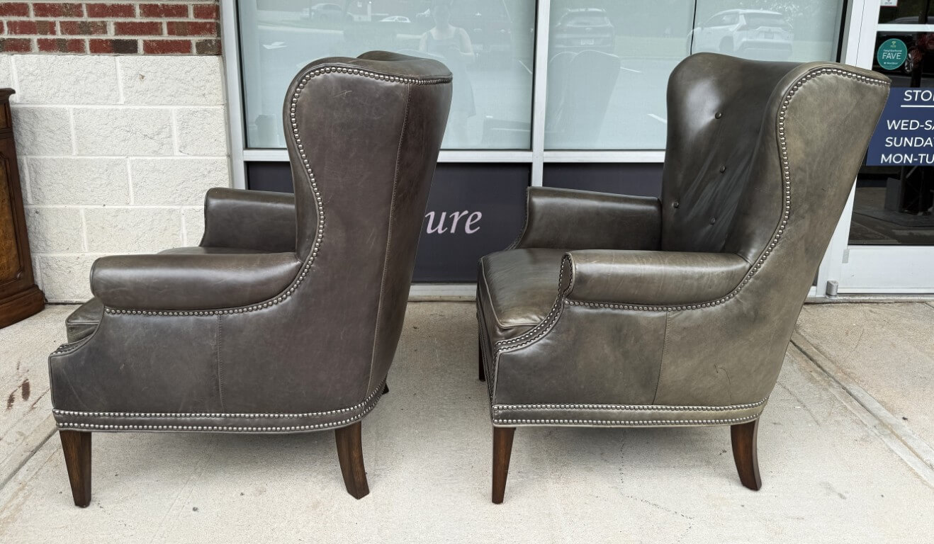 Pair of Hooker Furniture Faux-Leather Gray-Green Maya Chairs Pair of Hooker Furniture Faux-Leather Gray-Green Maya Chairs