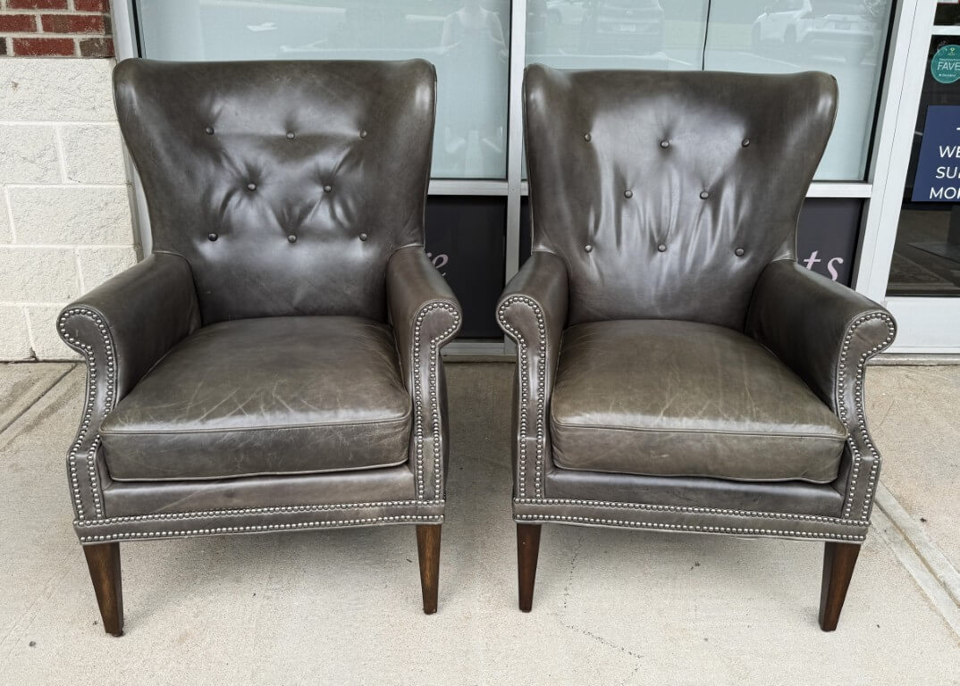 Pair of Hooker Furniture Faux-Leather Gray-Green Maya Chairs Pair of Hooker Furniture Faux-Leather Gray-Green Maya Chairs