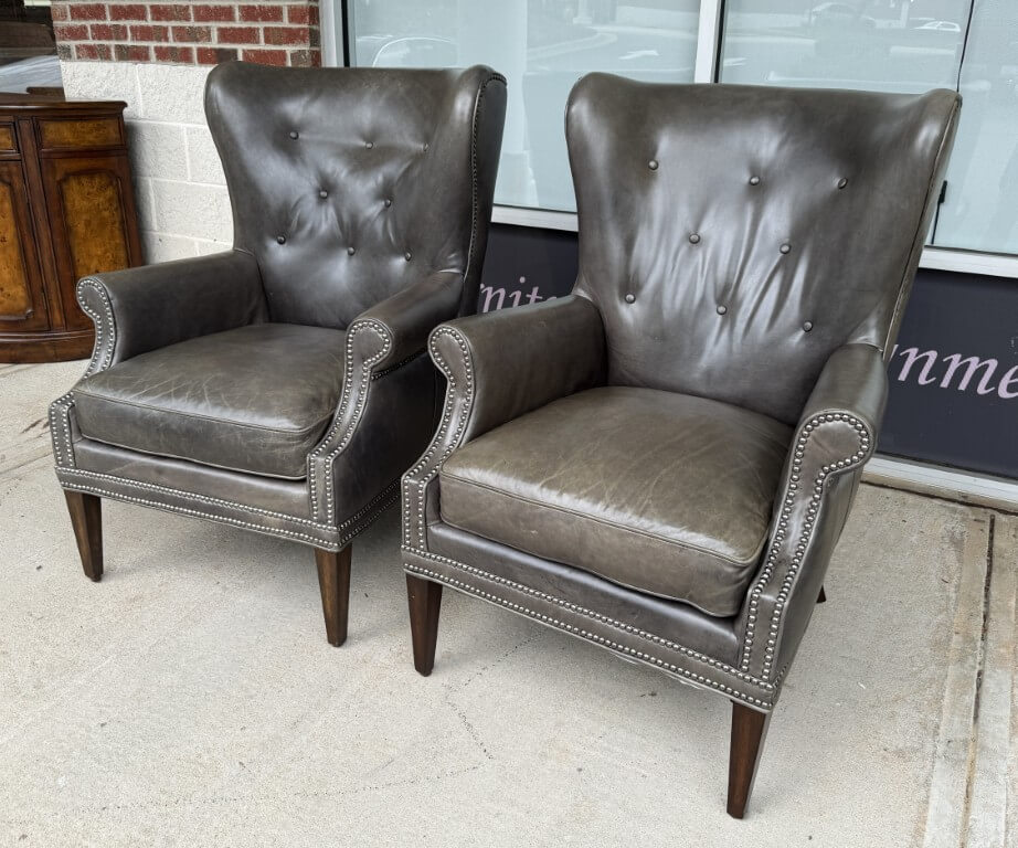 Pair of Hooker Furniture Faux-Leather Gray-Green Maya Chairs Pair of Hooker Furniture Faux-Leather Gray-Green Maya Chairs