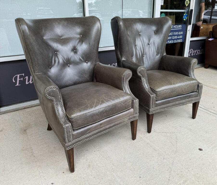 Pair of Hooker Furniture Faux-Leather Gray-Green Maya Chairs Pair of Hooker Furniture Faux-Leather Gray-Green Maya Chairs