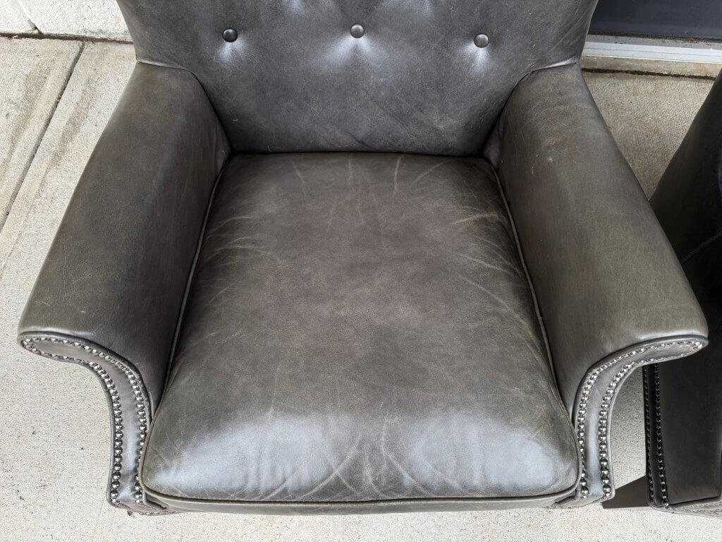 Pair of Hooker Furniture Faux-Leather Gray-Green Maya Chairs Pair of Hooker Furniture Faux-Leather Gray-Green Maya Chairs