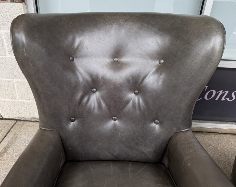 Pair of Hooker Furniture Faux-Leather Gray-Green Maya Chairs Pair of Hooker Furniture Faux-Leather Gray-Green Maya Chairs