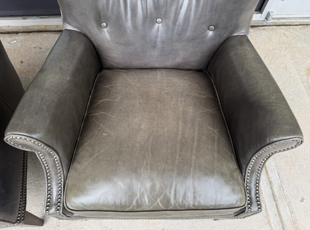 Pair of Hooker Furniture Faux-Leather Gray-Green Maya Chairs Pair of Hooker Furniture Faux-Leather Gray-Green Maya Chairs
