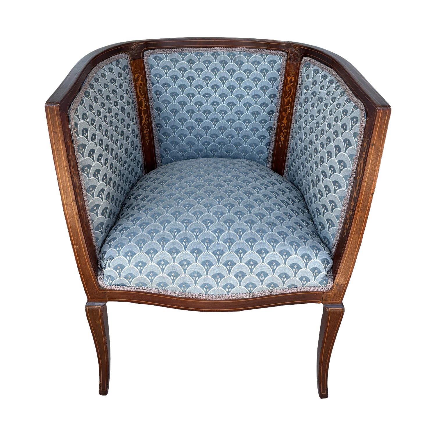 Inlaid Barrel Back Chair with Scalloped Blue Upholstery Inlaid Barrel Back Chair with Scalloped Blue Upholstery