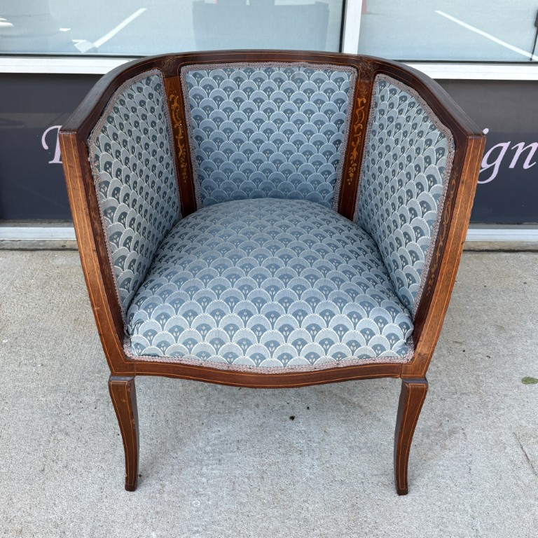 Inlaid Barrel Back Chair with Scalloped Blue Upholstery Inlaid Barrel Back Chair with Scalloped Blue Upholstery