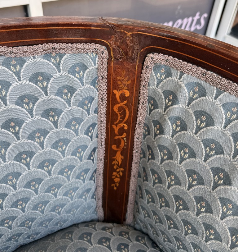 Inlaid Barrel Back Chair with Scalloped Blue Upholstery Inlaid Barrel Back Chair with Scalloped Blue Upholstery