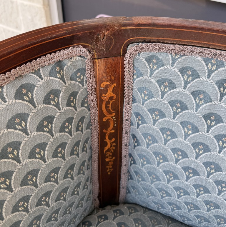 Inlaid Barrel Back Chair with Scalloped Blue Upholstery Inlaid Barrel Back Chair with Scalloped Blue Upholstery