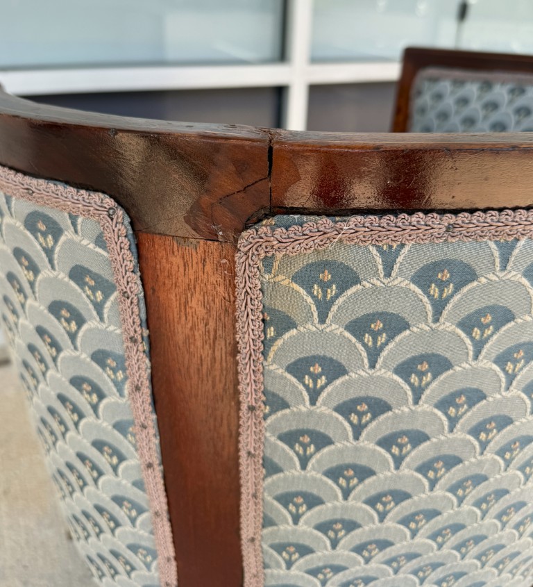 Inlaid Barrel Back Chair with Scalloped Blue Upholstery Inlaid Barrel Back Chair with Scalloped Blue Upholstery