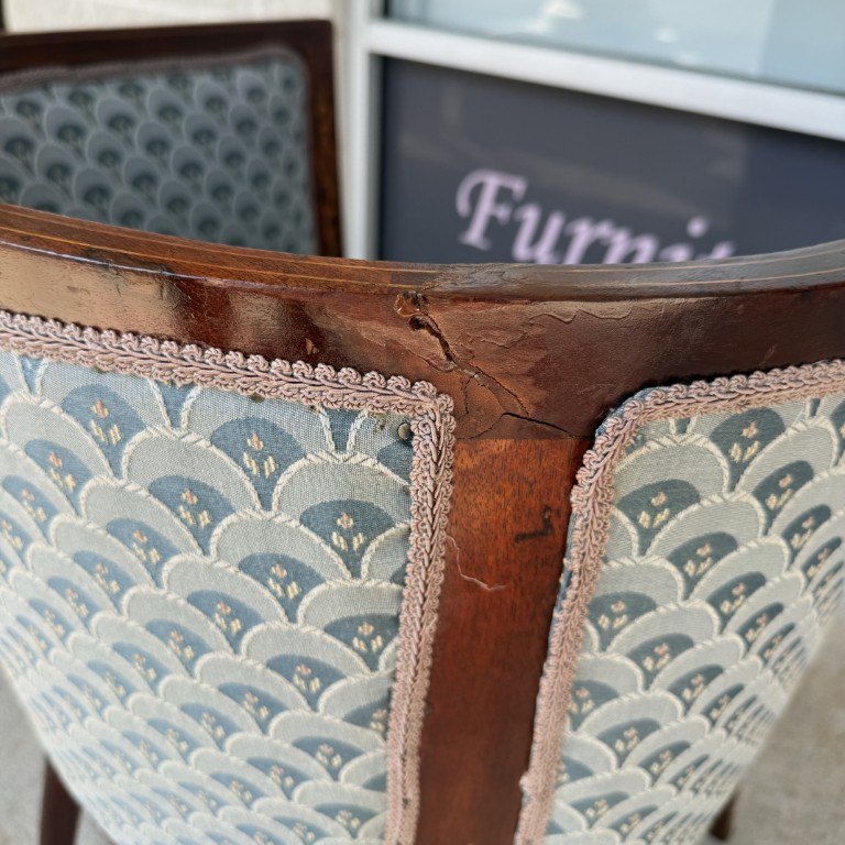 Inlaid Barrel Back Chair with Scalloped Blue Upholstery Inlaid Barrel Back Chair with Scalloped Blue Upholstery