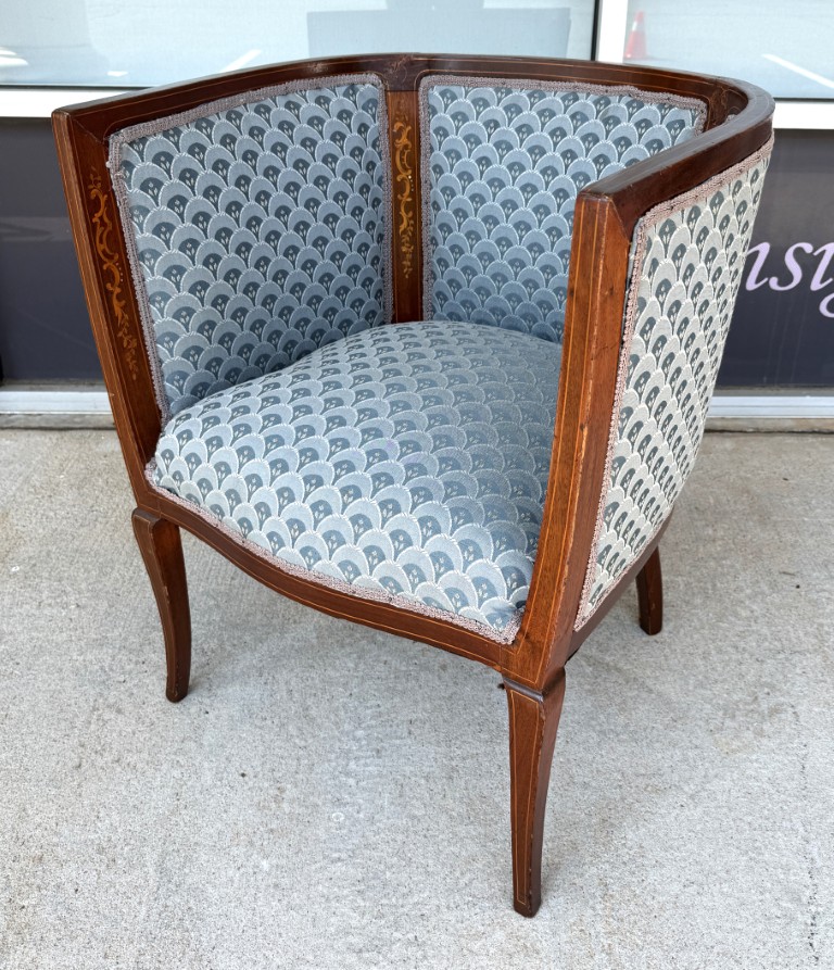 Inlaid Barrel Back Chair with Scalloped Blue Upholstery Inlaid Barrel Back Chair with Scalloped Blue Upholstery