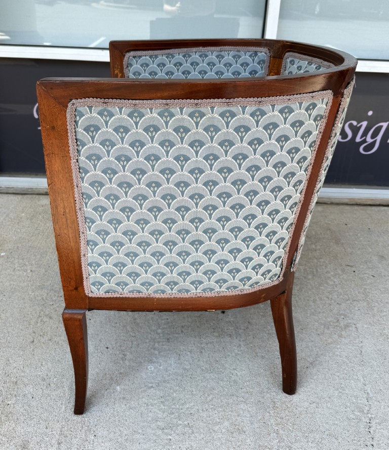 Inlaid Barrel Back Chair with Scalloped Blue Upholstery Inlaid Barrel Back Chair with Scalloped Blue Upholstery