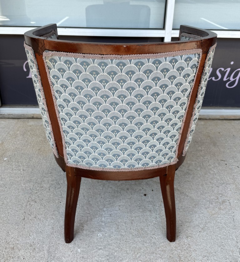Inlaid Barrel Back Chair with Scalloped Blue Upholstery Inlaid Barrel Back Chair with Scalloped Blue Upholstery