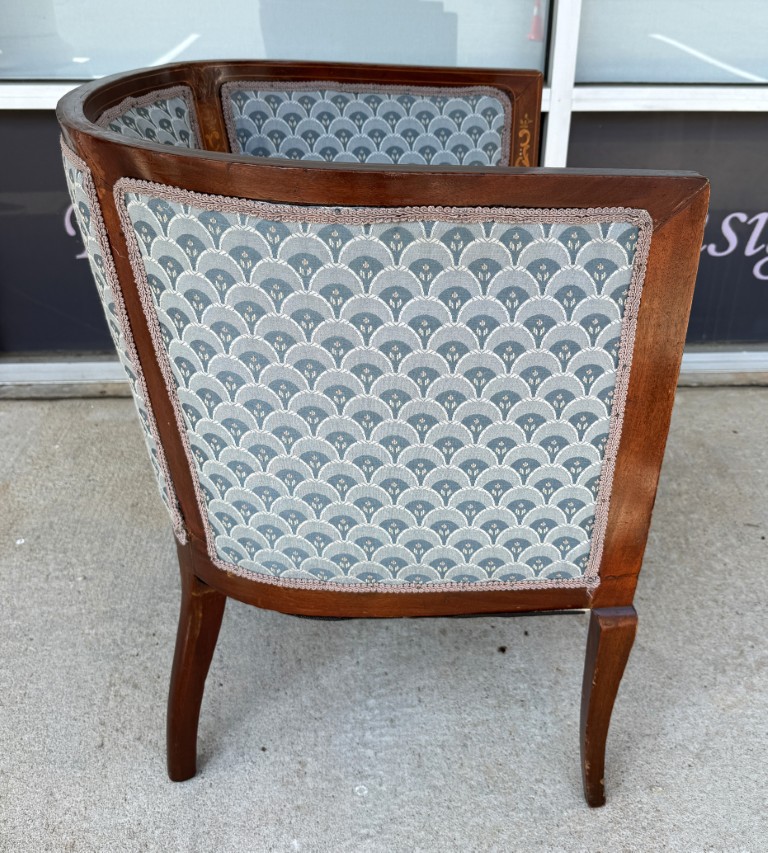 Inlaid Barrel Back Chair with Scalloped Blue Upholstery Inlaid Barrel Back Chair with Scalloped Blue Upholstery