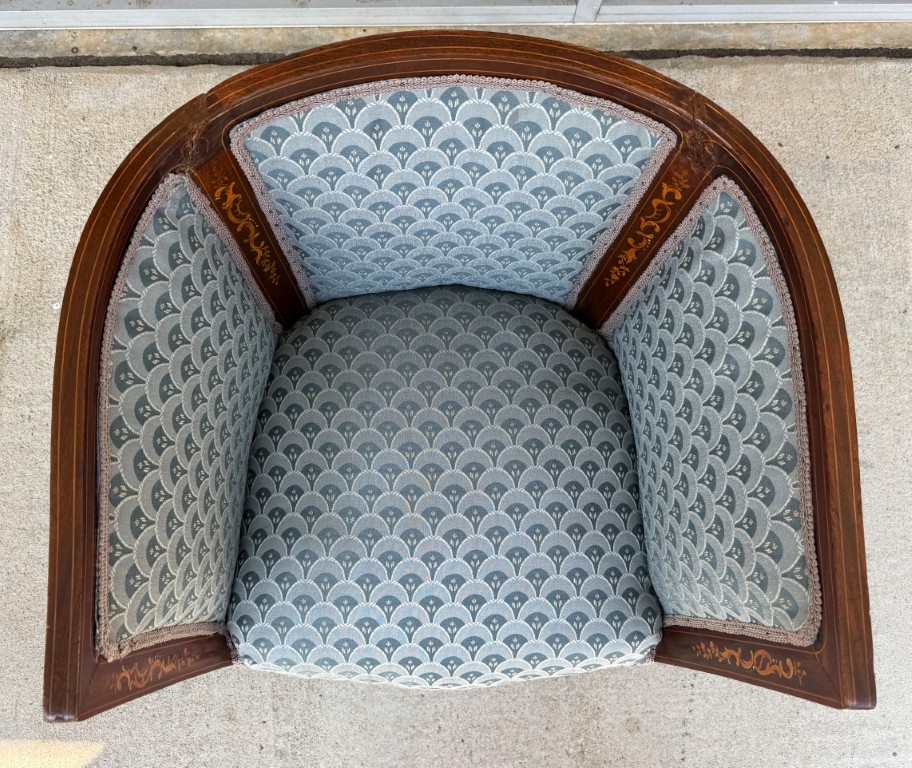 Inlaid Barrel Back Chair with Scalloped Blue Upholstery Inlaid Barrel Back Chair with Scalloped Blue Upholstery