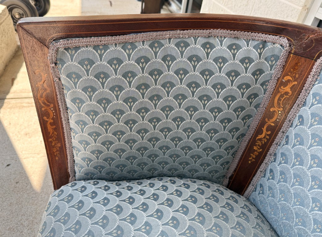 Inlaid Barrel Back Chair with Scalloped Blue Upholstery Inlaid Barrel Back Chair with Scalloped Blue Upholstery