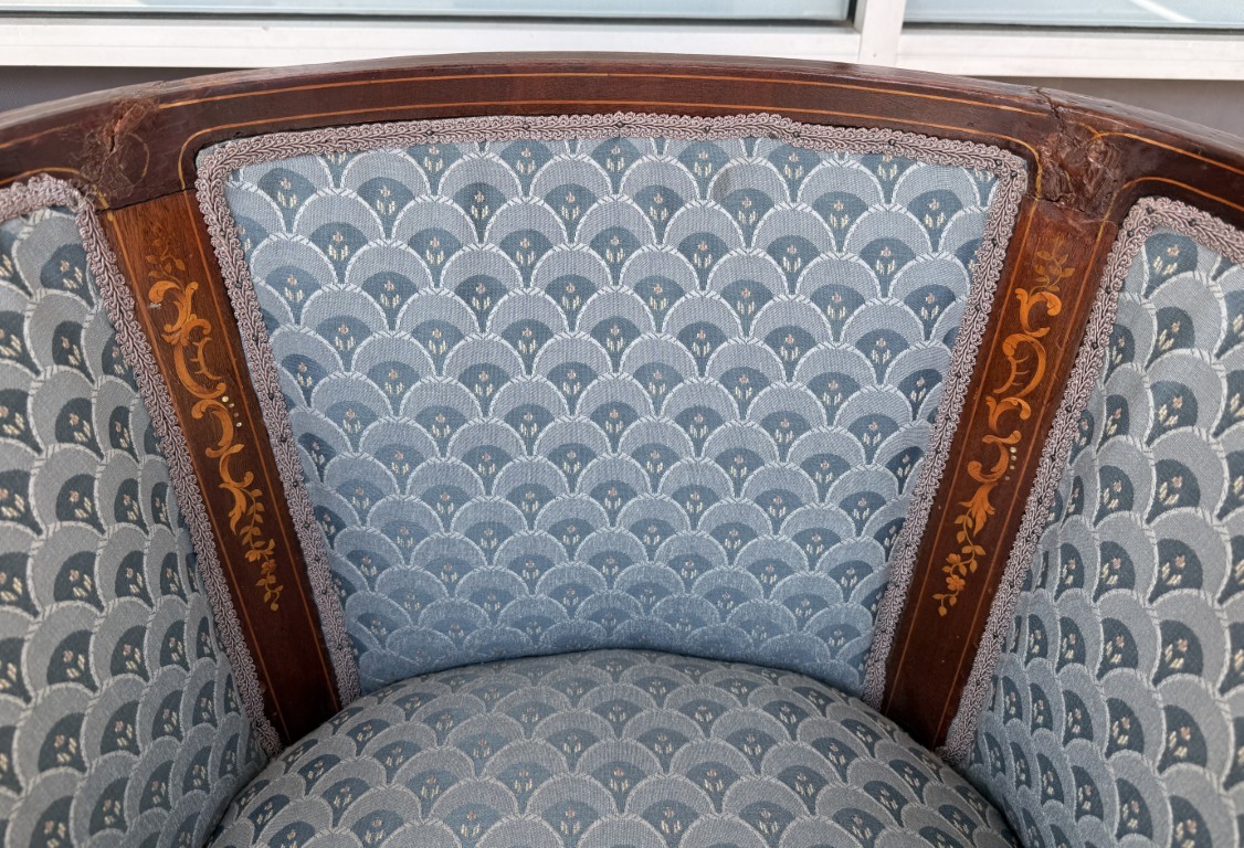Inlaid Barrel Back Chair with Scalloped Blue Upholstery Inlaid Barrel Back Chair with Scalloped Blue Upholstery